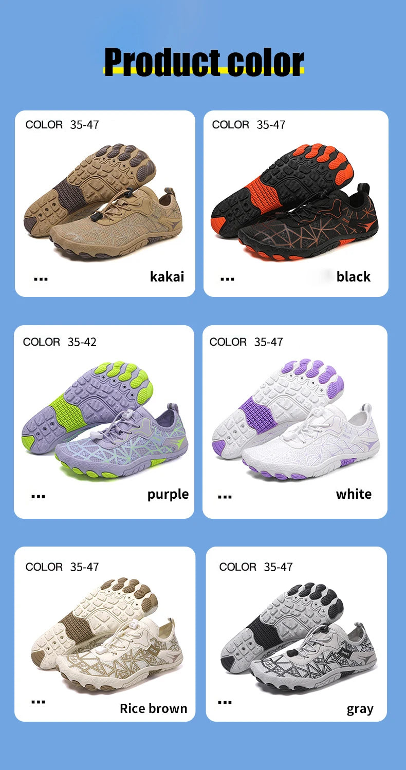 Collection of barefoot shoes in various colors on a blue background