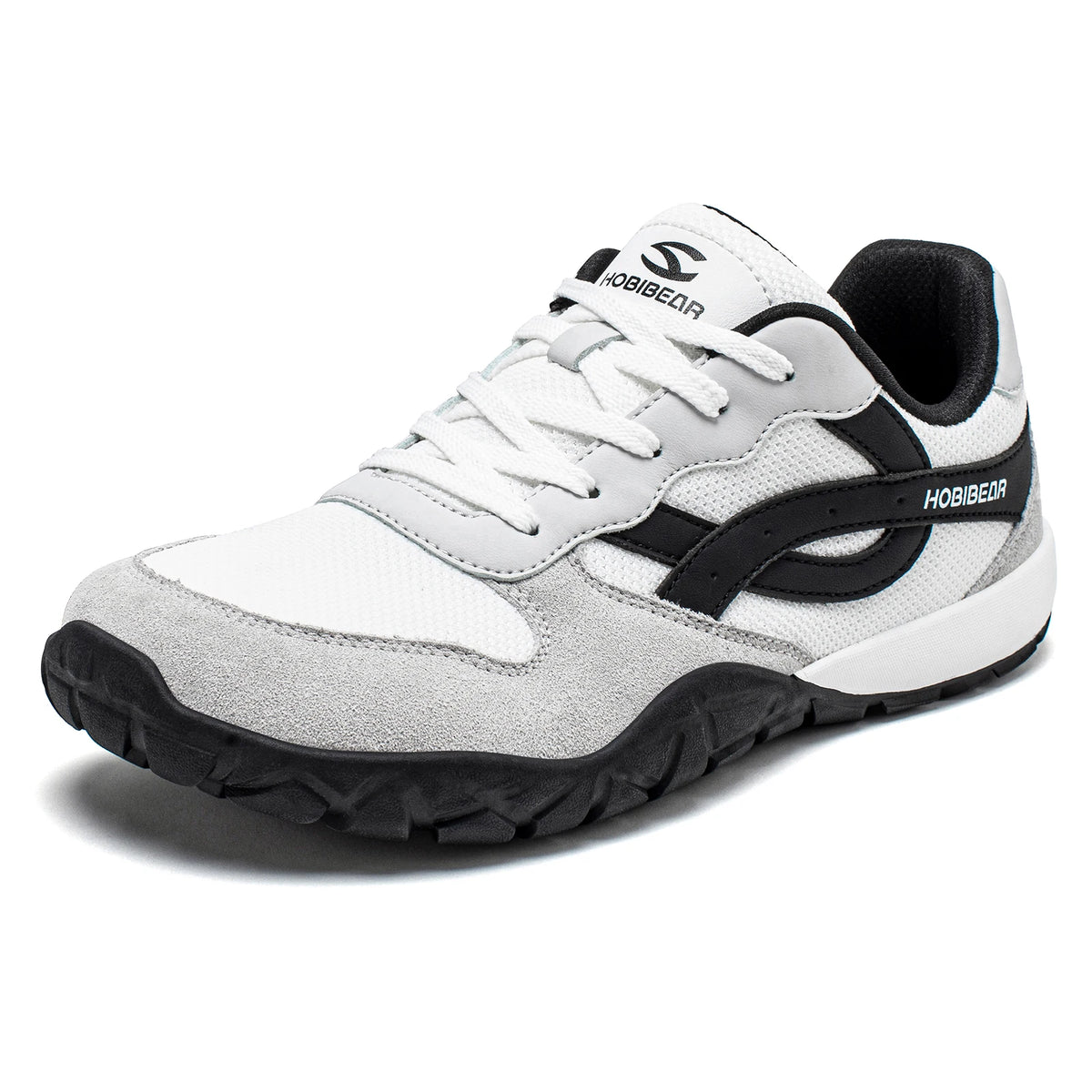 White and gray sneaker with black accents on a white background