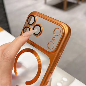 Phone case with gold accents held by a hand against a blurred indoor background