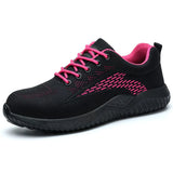 A black knit Women's Safety Work Shoes with vibrant pink laces, lining, and decorative side pattern, shown on a clean white background.