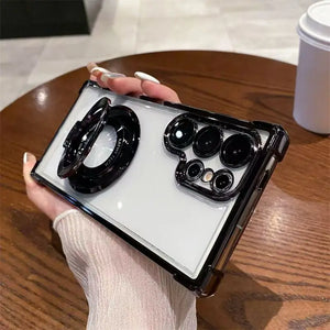 Clear Samsung Galaxy case with electroplated frame and magnetic ring stand with camera lens design.