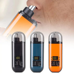 Vape Electric Nose & Ear Hair Trimmer for Men with digital display and three color options on a white background