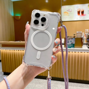 Clear iphone case with a strap held by a hand in a casual setting