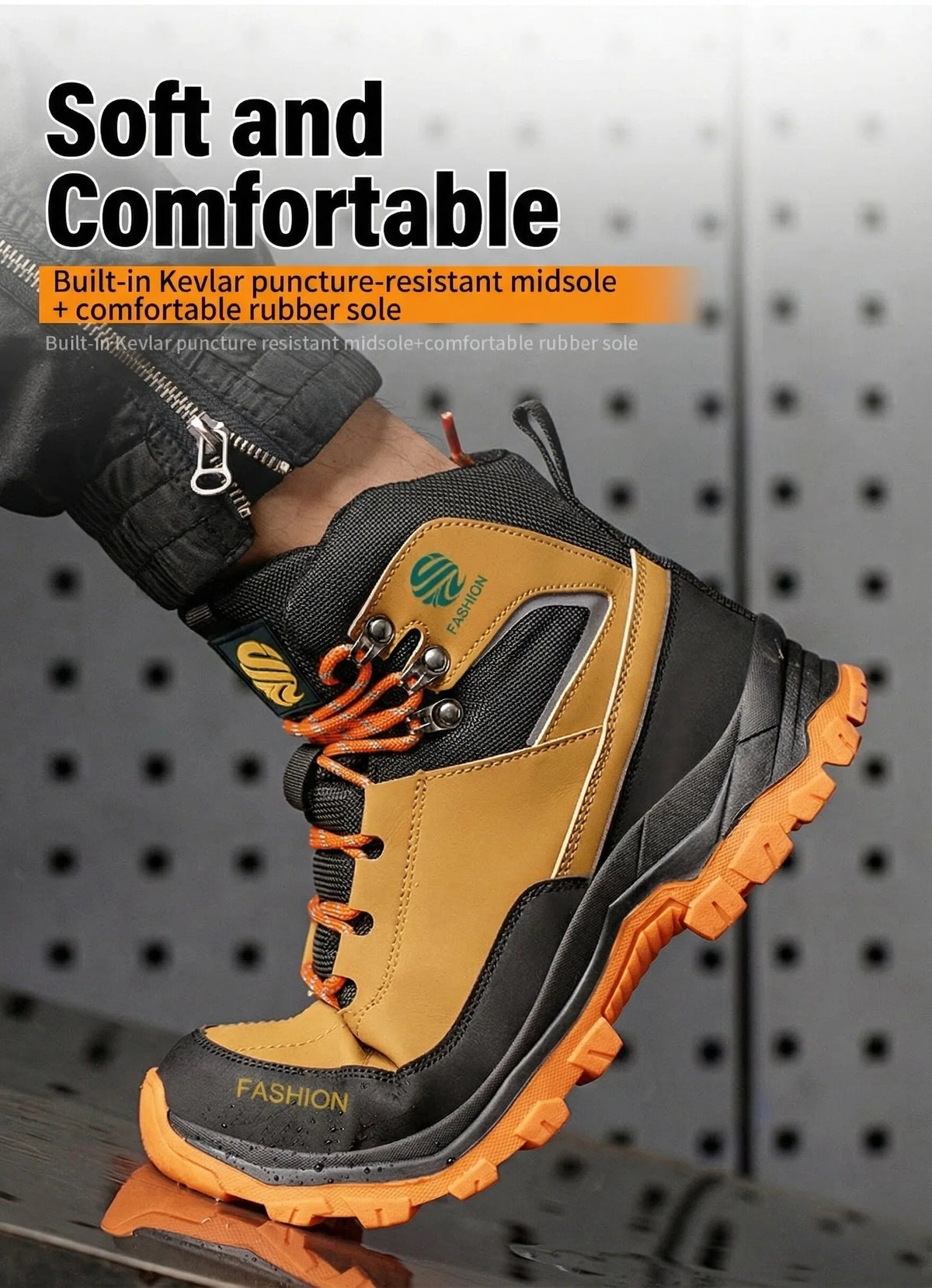 Black and brown safety boot with orange sole on a metallic background