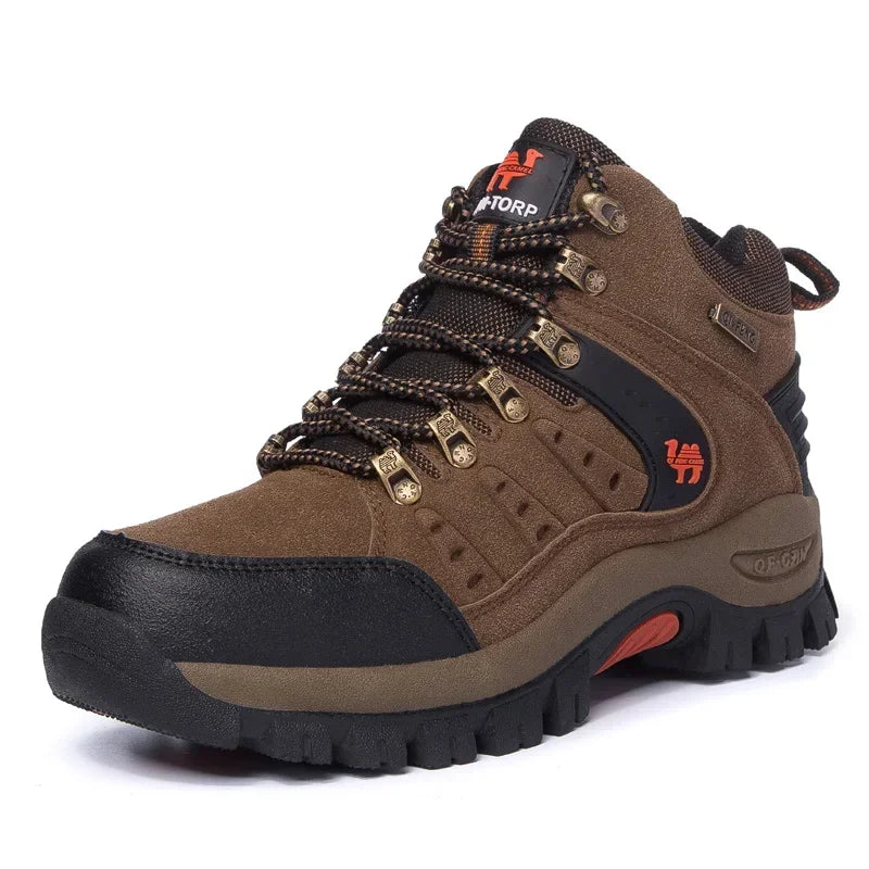 Brown hiking boot with black sole on a white background