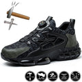 Black and dark gray athletic sneaker with a circular dial closure, shown on a white background with feature icons and illustrations of a hammer and nails.