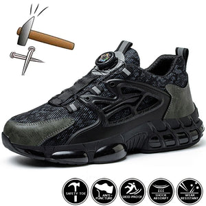Black and dark gray athletic sneaker with a circular dial closure, shown on a white background with feature icons and illustrations of a hammer and nails.