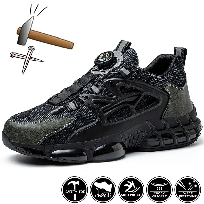 Black and dark gray athletic sneaker with a circular dial closure, shown on a white background with feature icons and illustrations of a hammer and nails.