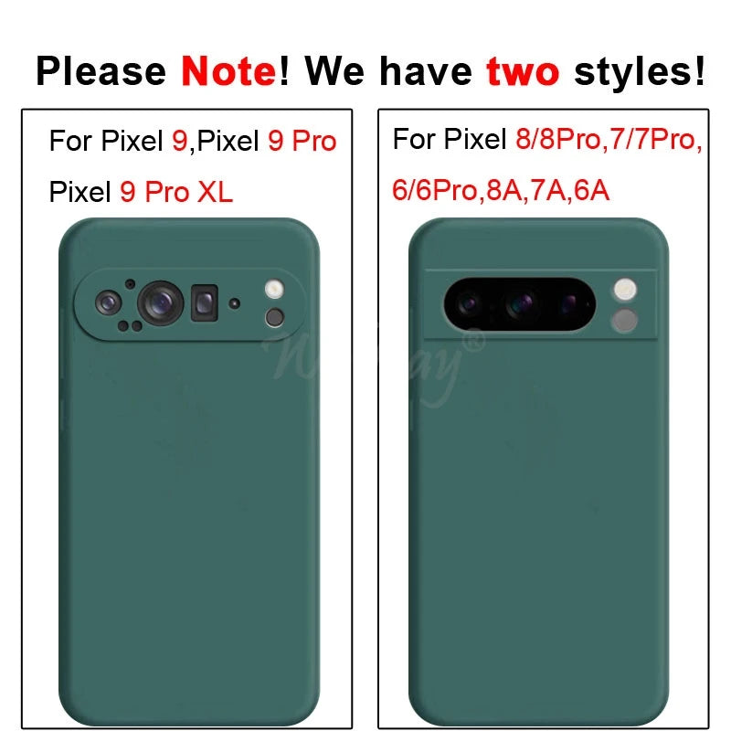 Two green phone cases with text indicating compatibility for different Google Pixel models.
