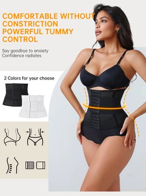 Woman wearing a black waist trainer with text highlighting its features on a white background