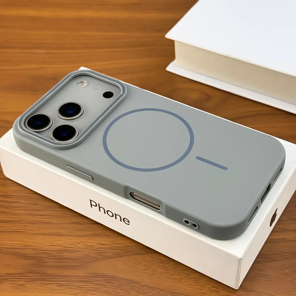 Gray phone case on a white box with 'Phone' text, on a wooden surface.