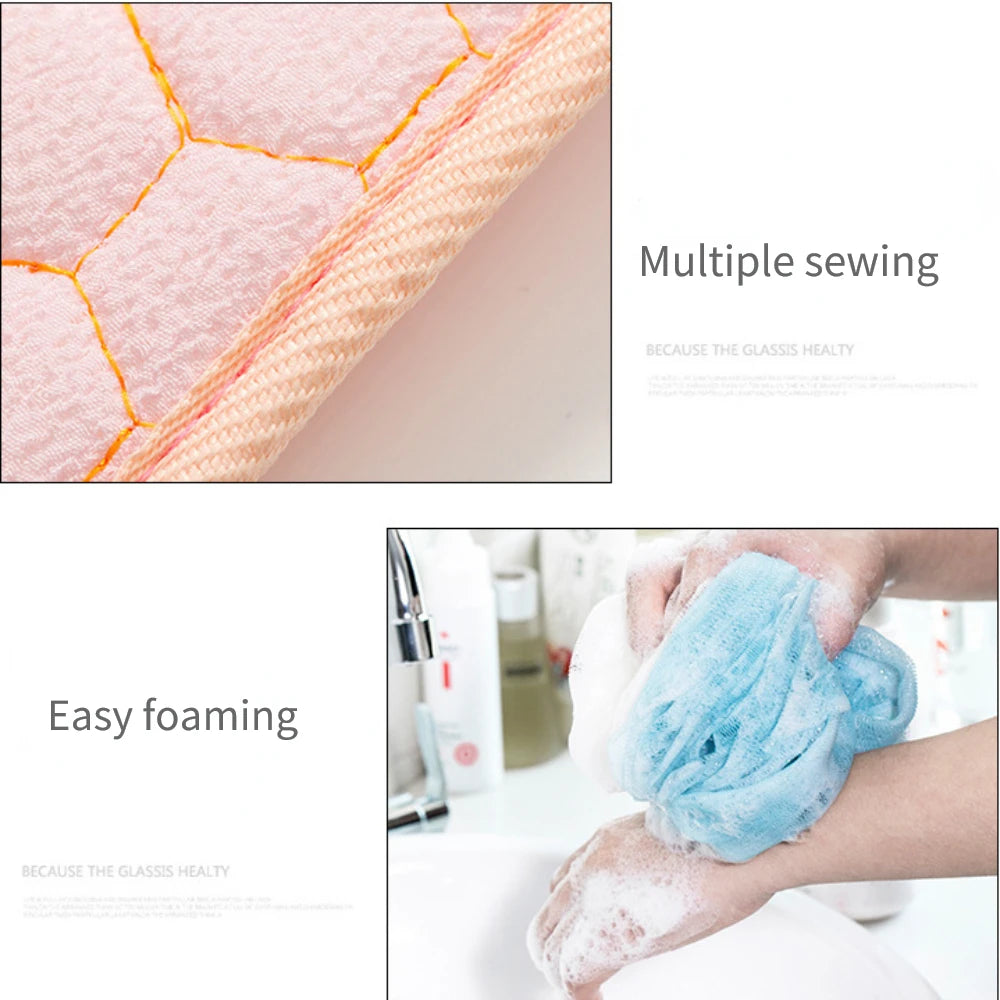 Product with multiple sewing details and a person using a blue scrubber on feet.