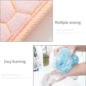 Product with multiple sewing details and a person using a blue scrubber on feet.