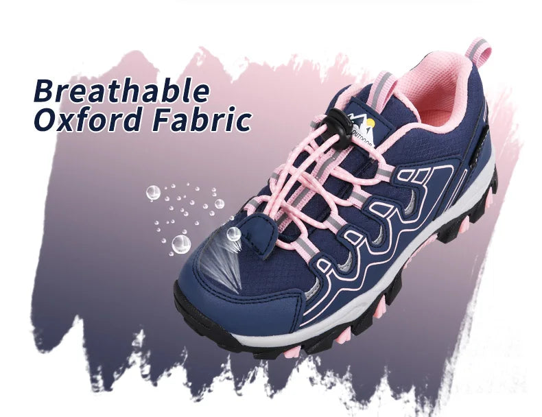 A navy blue and pink outdoor hiking shoe with white accents, shown on a stylized white and purple background with the text 'Breathable Oxford Fabric' and water droplet graphics.
