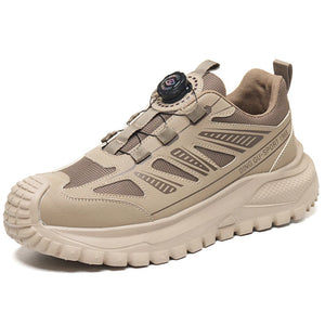 Beige safety work shoe sneaker with a textured sole on a white background
