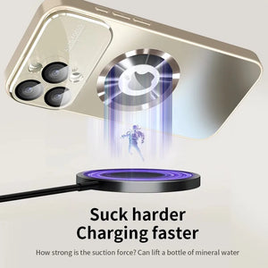iPhone case with a charging pad and text about suction force