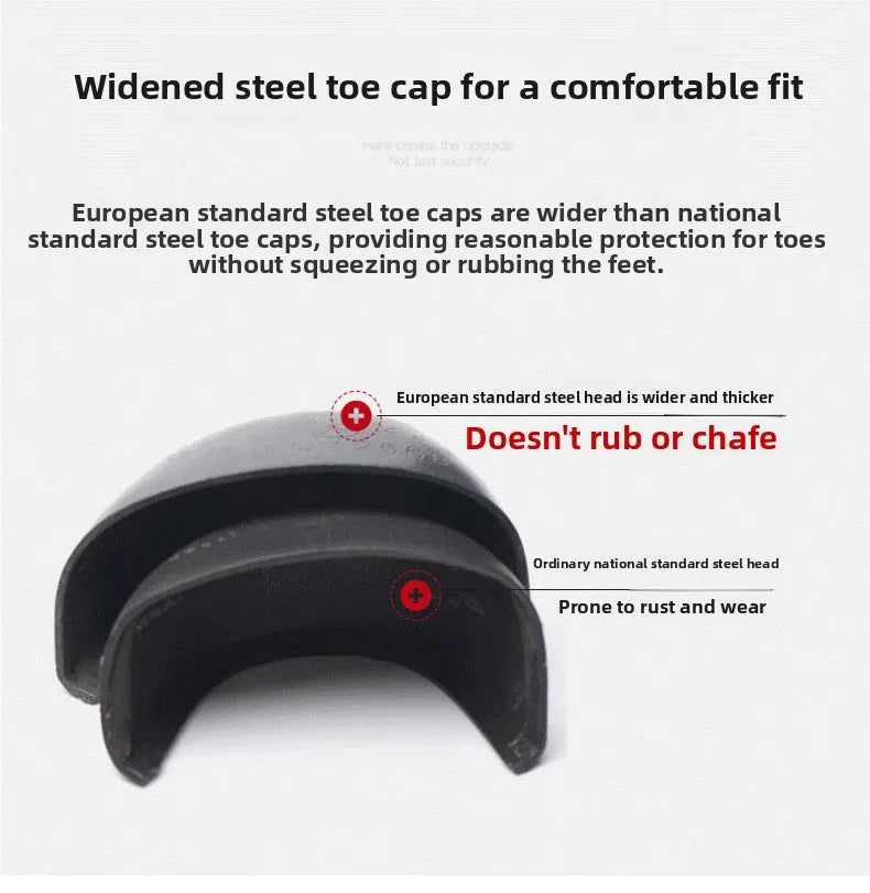 A black widened steel toe cap shown on a light gray background with explanatory text comparing it to standard steel toe caps and red callout labels pointing to the wider head.