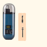 Blue nose hair trimmer with charging cable, cleaning brush, and packaging on a beige background