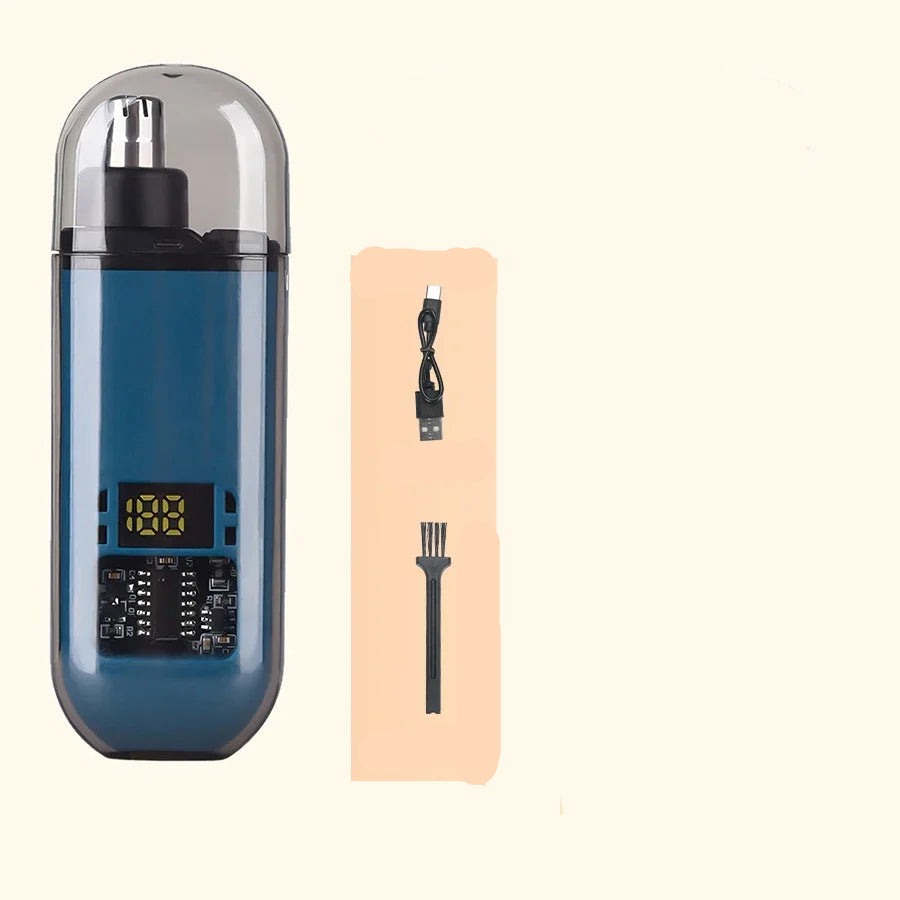 Blue nose hair trimmer with charging cable, cleaning brush, and packaging on a beige background