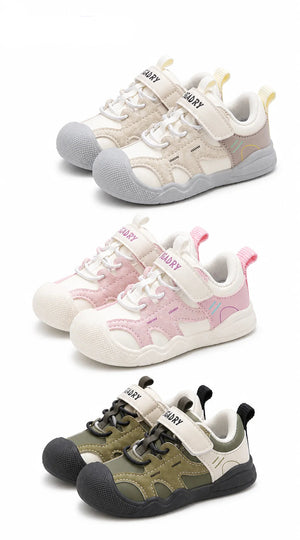 Three pairs of toddler sneakers shown on a white background: one cream and gray, one cream and pink, and one olive green and black. Each pair has hook-and-loop straps with 'DAILY' printed on them.
