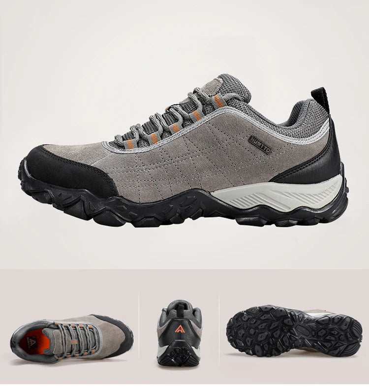 Men's suede hiking shoes with rubber outsoles and lace-up fastening in grey and khaki