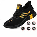 Black Guysa athletic sneaker with yellow and camouflage patterned accents, shown on a white background with certification badges, feature icons, and a 'Ready to ship' banner.