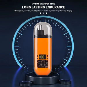 Orange Electric Nose & Ear Hair Trimmer for Men with digital display on a dark background, highlighting '30 Day Standby Time' and 'Long Lasting Endurance'.
