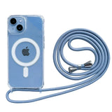 Blue Crossbody Magnetic Clear iPhone Case with Lanyard Hard PC Back Cover on a white background