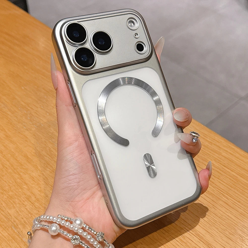 Hand holding a phone case on a wooden surface