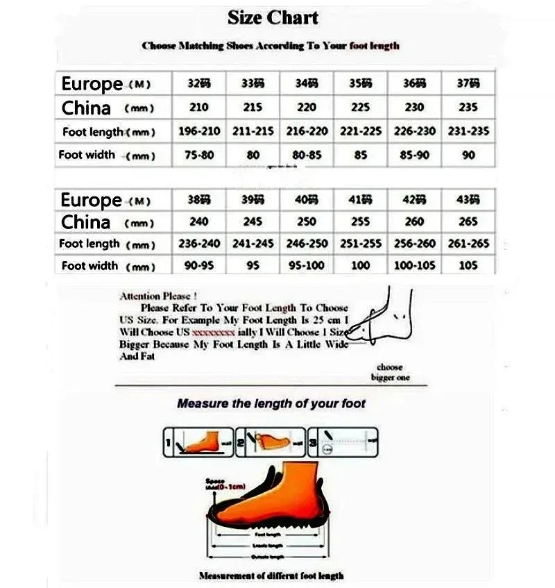 Size chart for shoes comparing European and Chinese measurements with foot length and width details.