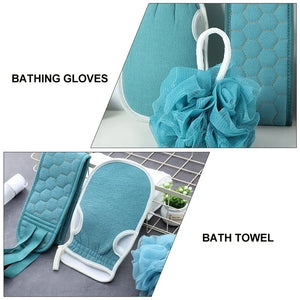 Set of blue bath items including gloves and towel on a gray surface.