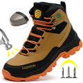 A tan and black high-top work safety boot with bright orange laces and an orange outsole, shown on a white background with graphic callouts including a hammer, nails, and an inset showing a protective toe cap.