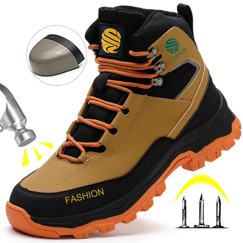 A tan and black high-top work safety boot with bright orange laces and an orange outsole, shown on a white background with graphic callouts including a hammer, nails, and an inset showing a protective toe cap.