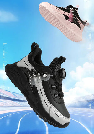 Black and gray sneaker with a unique design on a blue and white background