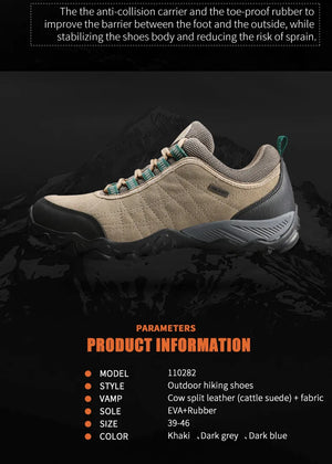 Outdoor hiking shoe with product information on a dark background