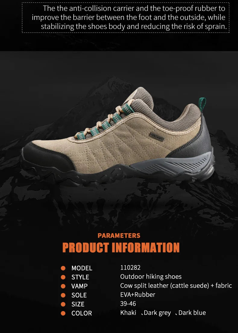 Outdoor hiking shoe with product information on a dark background