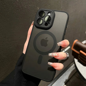 Person holding a black Matte magnetic iPhone case compatible with Magsafe wireless charging