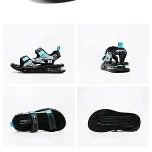 Black and blue sandals shown from multiple angles on a white background
