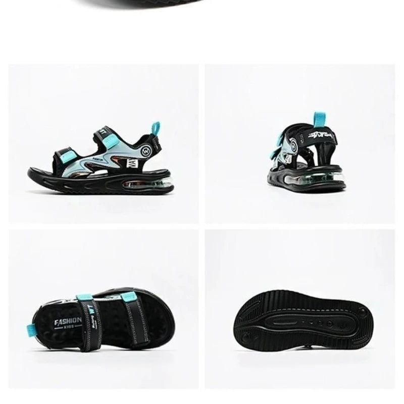 Black and blue sandals shown from multiple angles on a white background