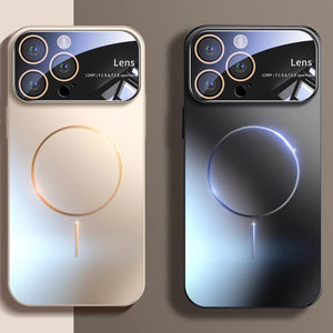 Two MagSafe Matte Case for iPhone designs with camera lenses and front-facing elements on a split background.