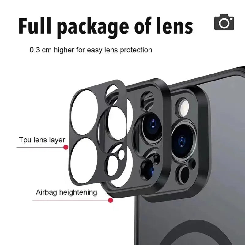 Phone camera lens protector with text on a white background
