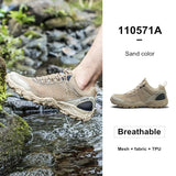 Beige hiking shoe worn by a person stepping into water with product details on the right.
