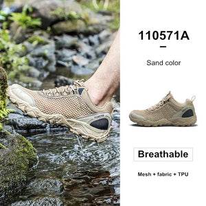 Beige hiking shoe worn by a person stepping into water with product details on the right.