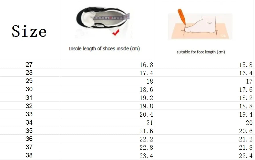 Shoe size chart with measurements for insole length and suitable foot length.