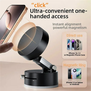 Black magnetic phone holder with smartphone attachment, featuring text on ultra-convenient one-handed access and instant alignment.