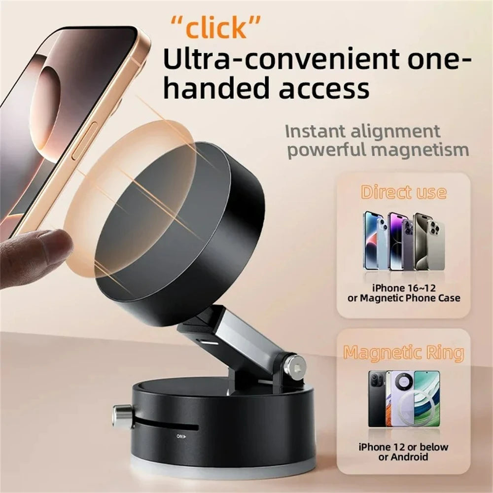 Black magnetic phone holder with smartphone attachment, featuring text on ultra-convenient one-handed access and instant alignment.