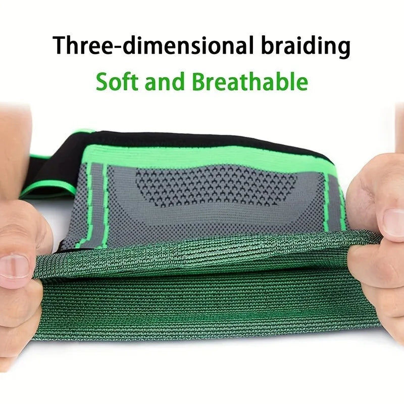 Green belt with three-dimensional braiding held by hands on a white background