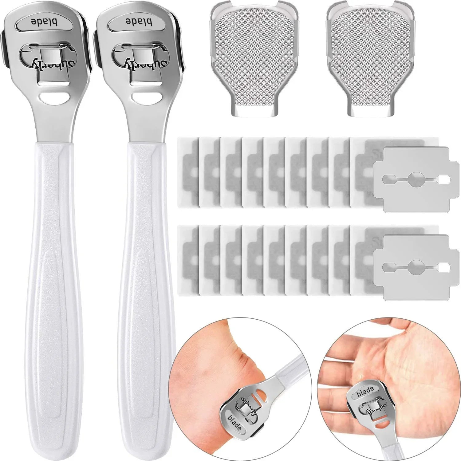 Two white and silver skin exfoliation tools with additional blades on a white background.