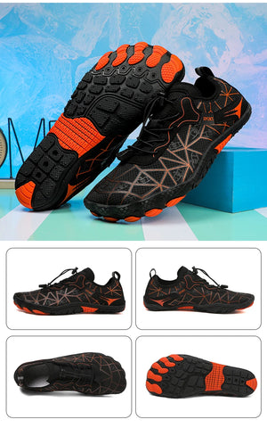 Black and orange athletic shoes with geometric sole design on a colorful background
