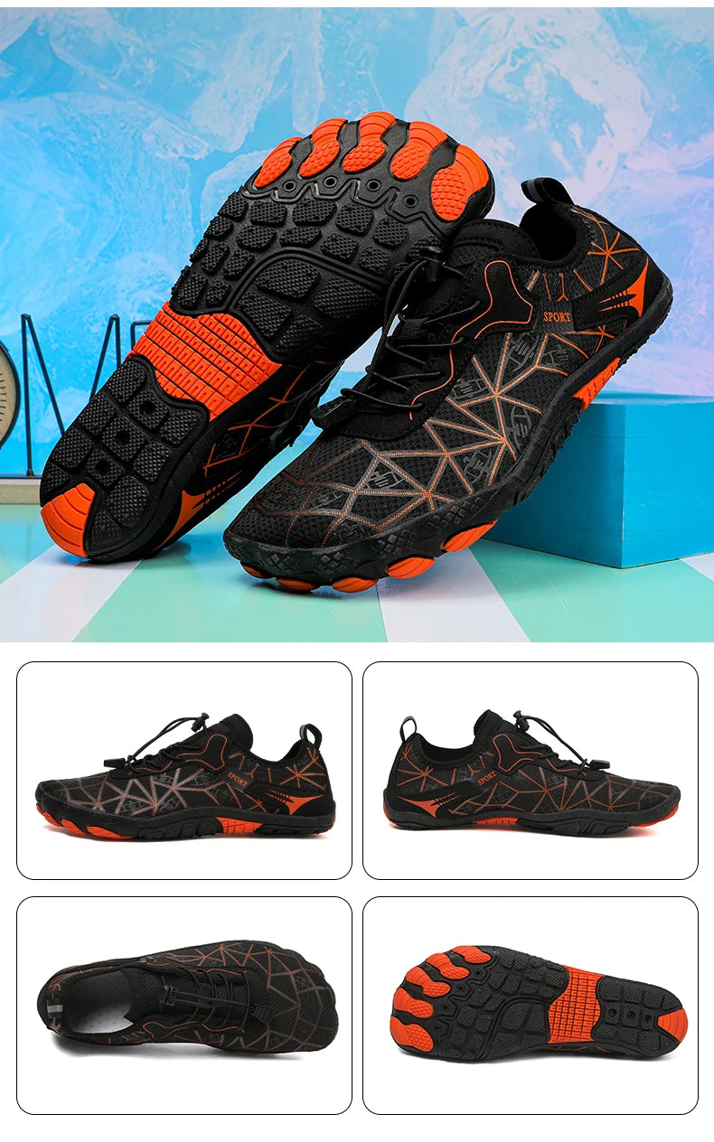 Black and orange athletic shoes with geometric sole design on a colorful background